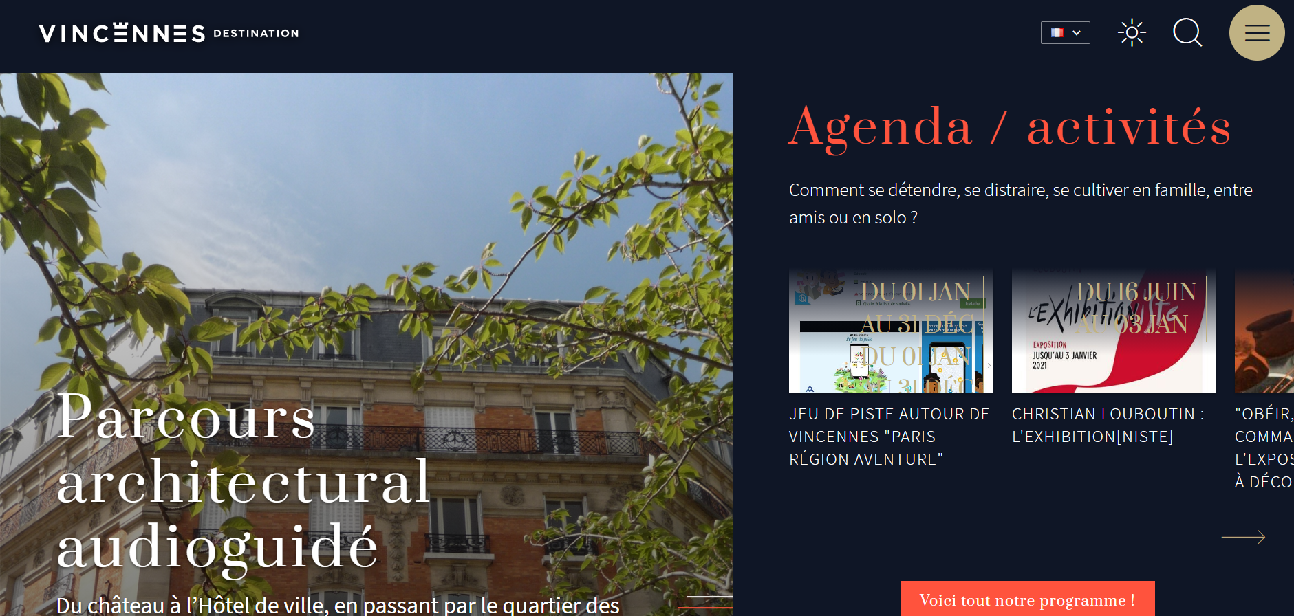capture d'écran de la page d'accueil du nouveau site de l'Office de tourisme de Vincennes