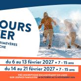 Affiche des séjours d'hiver 2027 « 100 % Montagne » au centre Les Primevères à Habère-Poche pour les 7-15 ans, organisés par la Ville de Vincennes, avec des pré-inscriptions en ligne à partir du 26 octobre 2026.