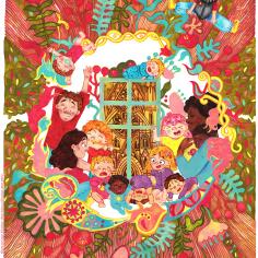 illustration très coloré d'enfants et de leurs parents