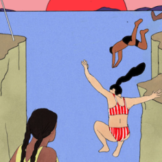 des illustrations de jeunes sautant dans l'eau depuis une falaise 