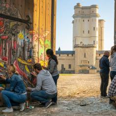On voit des gens dessiner sur la porte du château de vincennes