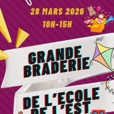 affiche de la braderie de l'école de l'est sur un fond violet et des illustrations de livres, de jouets