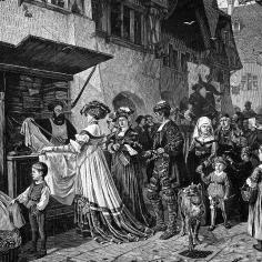 Peinture en noir et blanc avec des personnages du moyen âge dans une rue