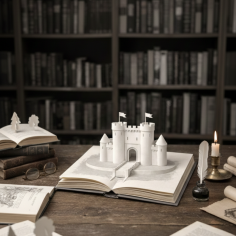 On y voit plusieurs livres ouverts dont un avec un château à l'intérieur