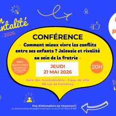 affiche en bleu avec une grosse bulle de parole jaune