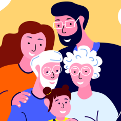 famille de deux générations en illustration et très colorée