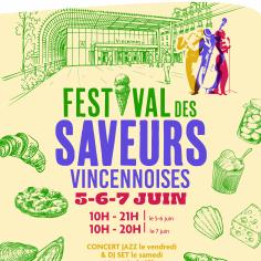 affiche illustrant la gare de vincennes avec des passant et des illustration de nourriture