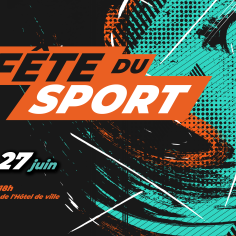 Fête du sport écrit en gros avec un fond vert d'eau et noir