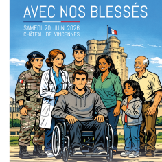 On y voit des personnages illustrés devant la château