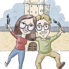 Illustration deux deux personnes tenant des pinceaux devant le Château de Vincennes