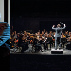 Un collage de deux photos, d'une part un homme d'un certaine âge, de l'autre un orchestre d'artistes à vent 