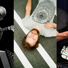 Collage de trois photos d'artistes jouant des instruments de musique