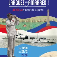 affiche officielle de l'exposition avec un homme se tenant debout et regardant au loin à travers des jumelles