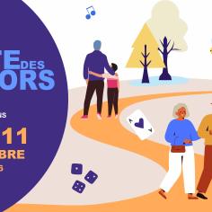 affiche fête des seniors avec des illustrations de personnes dans une allée colorée