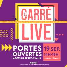 une affiche avec un fond violet on y voit carré live écrit en gros 