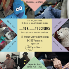 image illustrant un braderie avec des formes en couleurs et des photos de vêtements et autres
