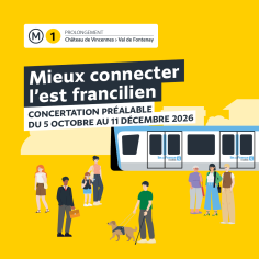 illustration avec des personnages sur fond jaune et un métro