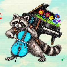 Un raton laveur joue du violoncelle bleu avec un piano à queue fleuri sur le dos.