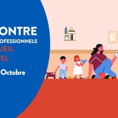 affiche d'une rencontre parents professionnel avec une assistante maternelle et des enfants en illustration