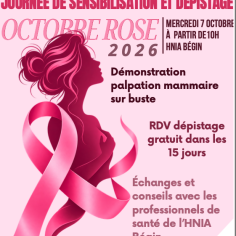 Affiche de la journée Octobre Rose 2026 de sensibilisation et de dépistage du cancer du sein au HNIA Bégin.