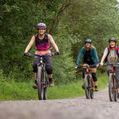 Trois femmes cyclistes en selle sur un chemin de terre dans un environnement forestier.