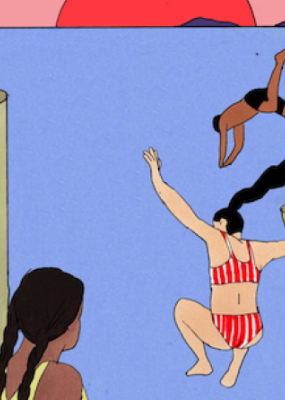 des illustrations de jeunes sautant dans l'eau depuis une falaise 