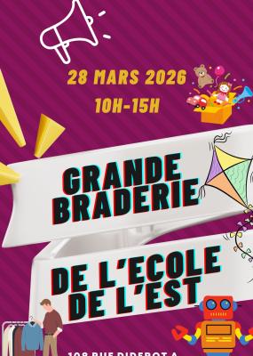 affiche de la braderie de l'école de l'est sur un fond violet et des illustrations de livres, de jouets