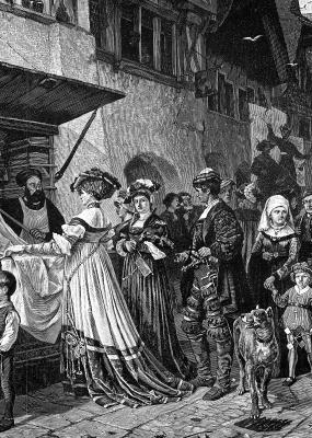 Peinture en noir et blanc avec des personnages du moyen âge dans une rue