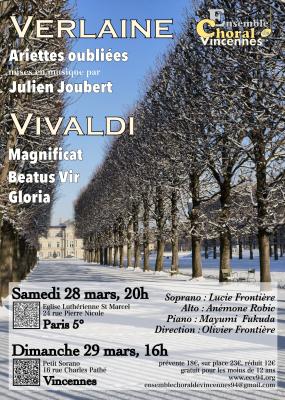 affiche du concert Vivaldi-Verlaine qui montre un chemin d'arbre enneigé 
