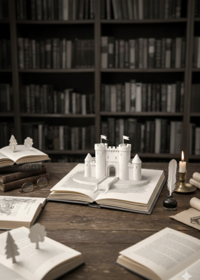 On y voit plusieurs livres ouverts dont un avec un château à l'intérieur