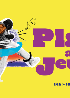 affiche avec un fond jaune et un jeune qui break dance