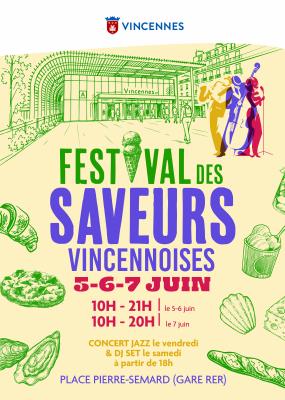 affiche illustrant la gare de vincennes avec des passant et des illustration de nourriture