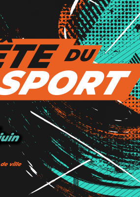 Fête du sport écrit en gros avec un fond vert d'eau et noir