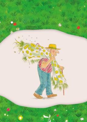 une illustration d'un vieil homme qui tient un sac avec des herbes