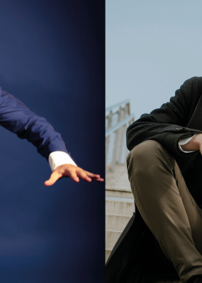 Un Collage de deux photos d'hommes artistes qui regardent la caméra