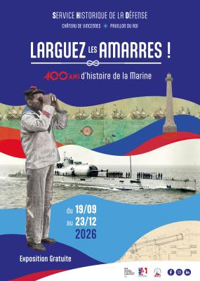 affiche officielle de l'exposition avec un homme se tenant debout et regardant au loin à travers des jumelles