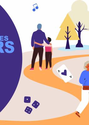 affiche fête des seniors avec des illustrations de personnes dans une allée colorée