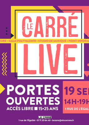 une affiche avec un fond violet on y voit carré live écrit en gros 
