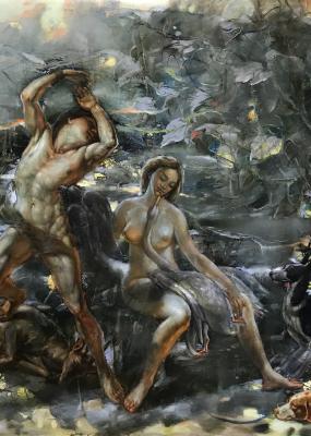 Deux nus, un homme et une femme, posent dans une forêt ombragée avec deux chiens.