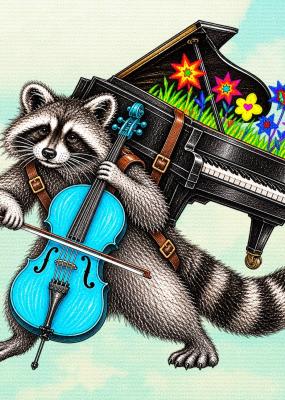 Un raton laveur joue du violoncelle bleu avec un piano à queue fleuri sur le dos.