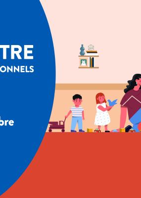 affiche d'une rencontre parents professionnel avec une assistante maternelle et des enfants en illustration