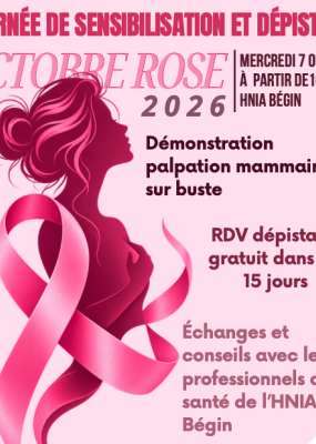 Affiche de la journée Octobre Rose 2026 de sensibilisation et de dépistage du cancer du sein au HNIA Bégin.