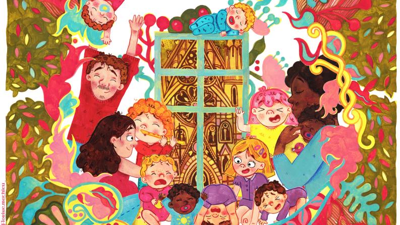 illustration très coloré d'enfants et de leurs parents