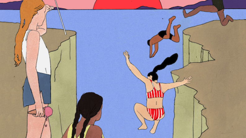 des illustrations de jeunes sautant dans l'eau depuis une falaise 