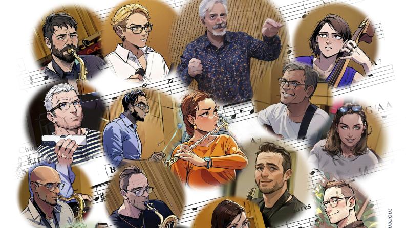 on y voit dans des bulles d'illustration des musiciens jouant de différents instruments