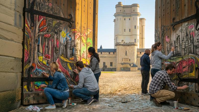 On voit des gens dessiner sur la porte du château de vincennes