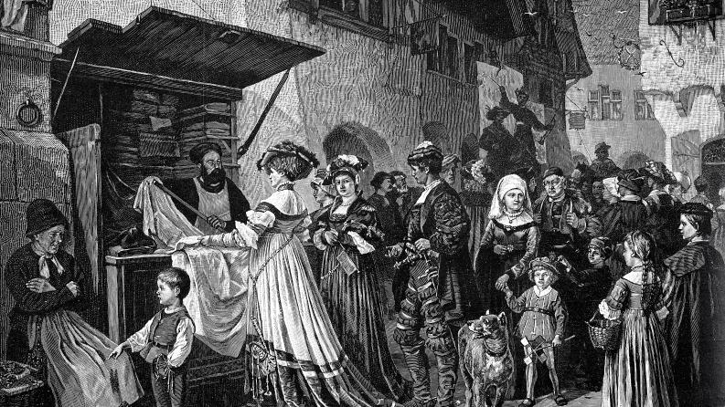 Peinture en noir et blanc avec des personnages du moyen âge dans une rue