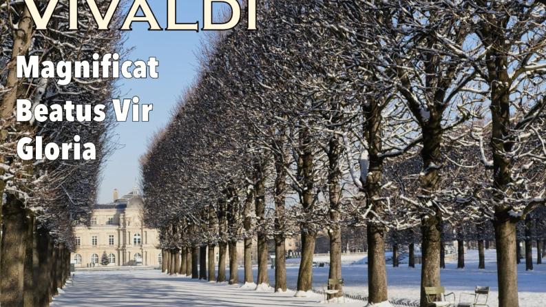 affiche du concert Vivaldi-Verlaine qui montre un chemin d'arbre enneigé 