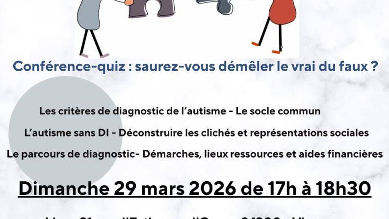 Affiche de la conférence on y voit deux personnages tenant des pièces de puzzle