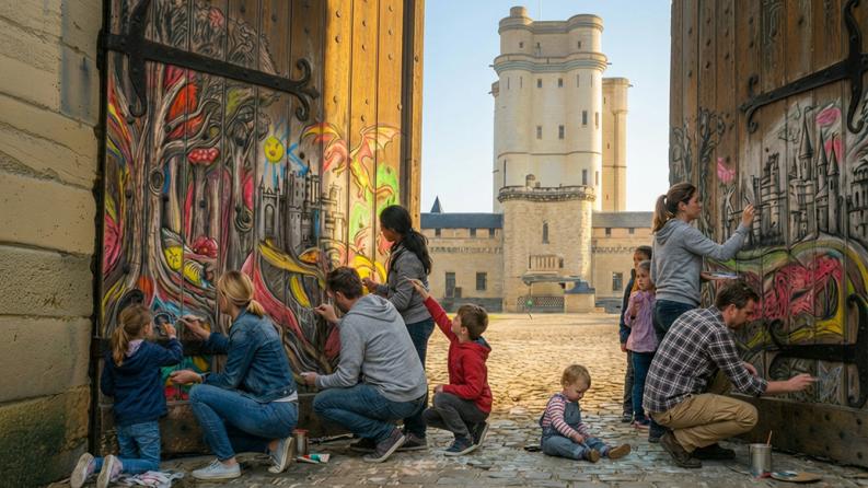 On y voit des enfants qui peignent une porte